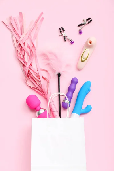 Shopping Bag Sex Toys Pink Background — Stock Photo, Image