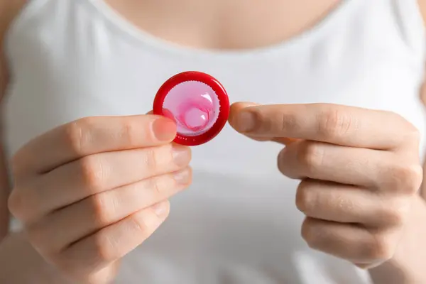 Woman Holding Unpacked Condom Closeup Safe Sex — Stock Photo, Image