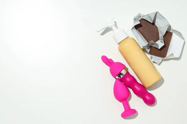 Lubrificante Com Brinquedos Sexuais Chocolate Lugar Para Texto — Fotografia de Stock