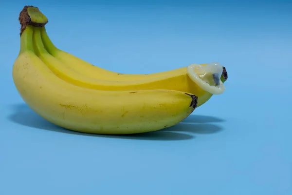 Condom Fresh Yellow Banana Front Blue Background — Stock Photo, Image